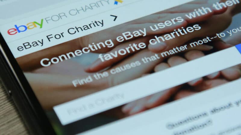 eBay for Charities interface shown on a tablet